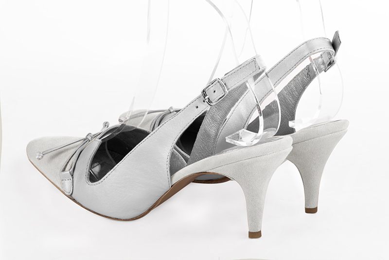 Pearl grey and light silver women's open back shoes, with a knot. Tapered toe. High slim heel. Rear view - Florence KOOIJMAN